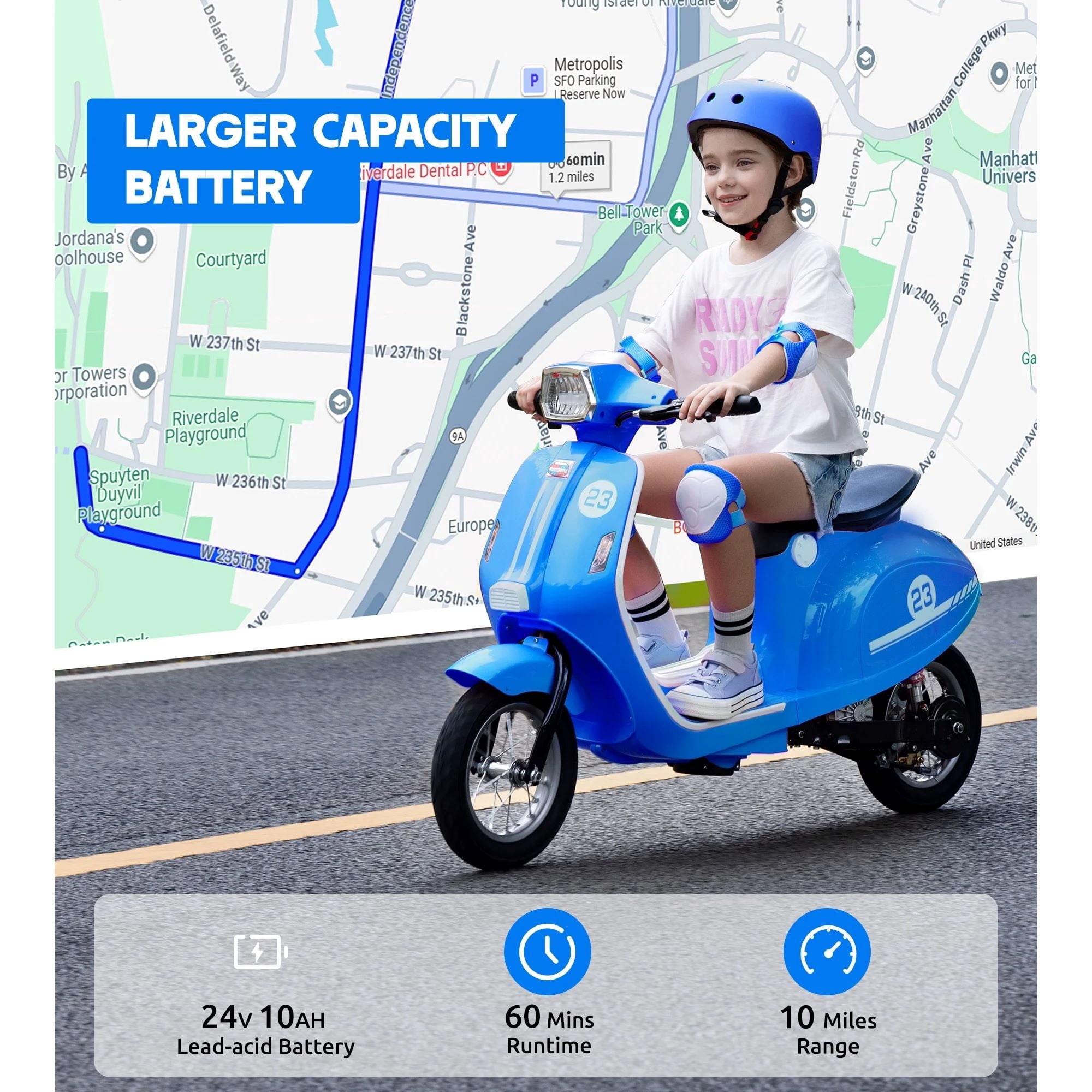 ORFELD 24V Kids Electric Motorcycle,Retro-Style Ride-On Toy for Ages 8-15, 14MPH Max Speed, LED Lights & Music, All-Terrain Tires,Blue