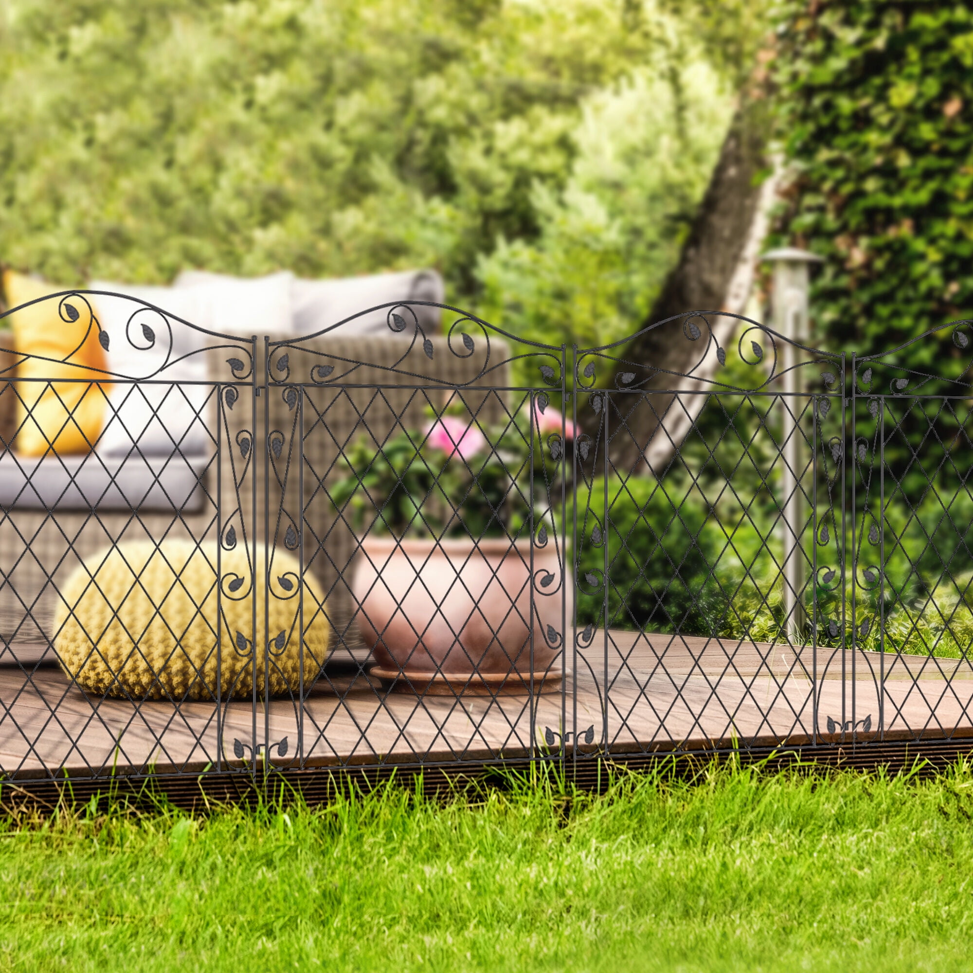 Fence Panels, Garden Fence, 4 Pack Steel Fence Panels, 11.5' L x 43" H, Rust-Resistant Animal Barrier Decorative Border Flower Edging for Yard, Landscape, Patio, Outdoor Decor, Wavey Vines