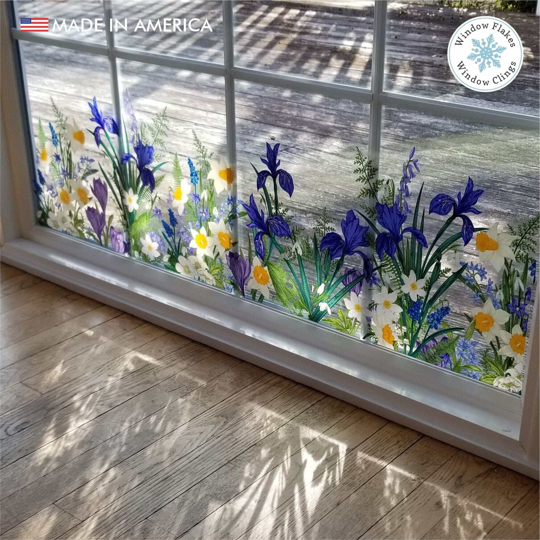 Botanical Spring Flower Window Cling Border, Double Sided Decal for Glass, Anti-Collision Bird Strike Prevention, Reusable, 46 x 11 inch, Ma