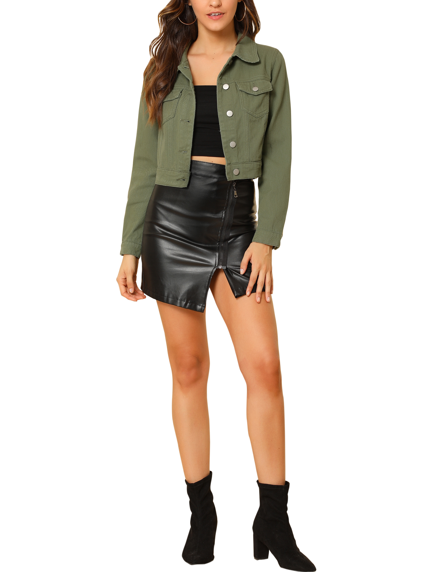 DARING DIVA Women's Button Down Long Sleeve Cropped Denim Jacket L Olive Green