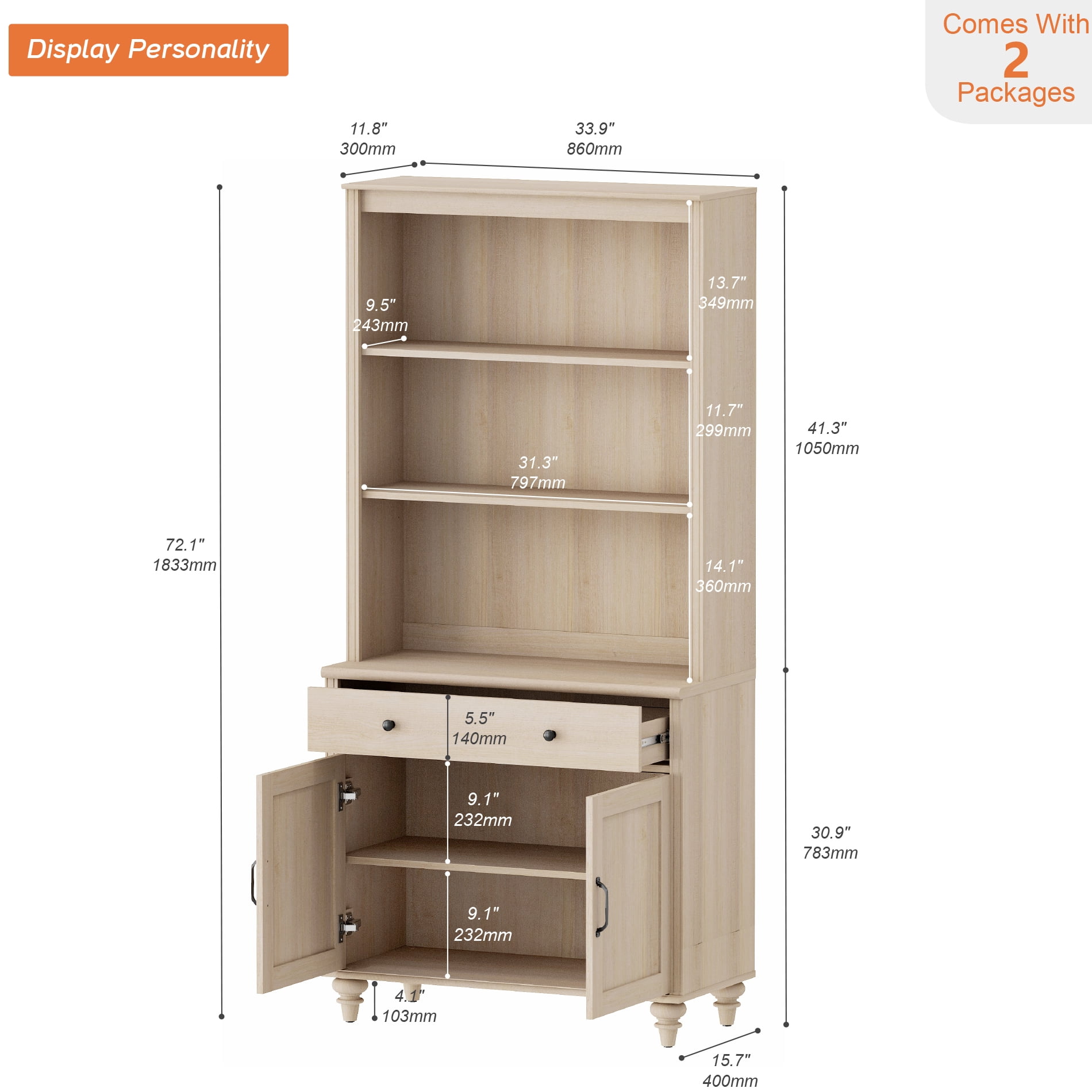 Farmhouse 5 Tier Bookcase With Drawer & Doors, Beige, 33.9" W