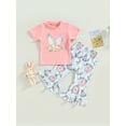 thumbnail image 2 of Genuiskids Toddler Baby Girl Easter Outfits 1 2 3 4 5 Years Kids Girl Summer Outfits Short Sleeve Bunny Ears Print T-shirt Tops Flare Pants Little Girl Bell Bottoms Clothes Set, 2 of 9