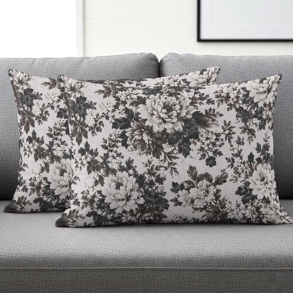 Set of 2 Gray Flower Pillow Covers 12x20 Inch, Vintage Floral Blossoms Leaf Rustic Farmhouse Decorative Throw Pillow Cases Cotton Cushion Covers for Sofa Couch Bed Living Room Bedroom Home Decor