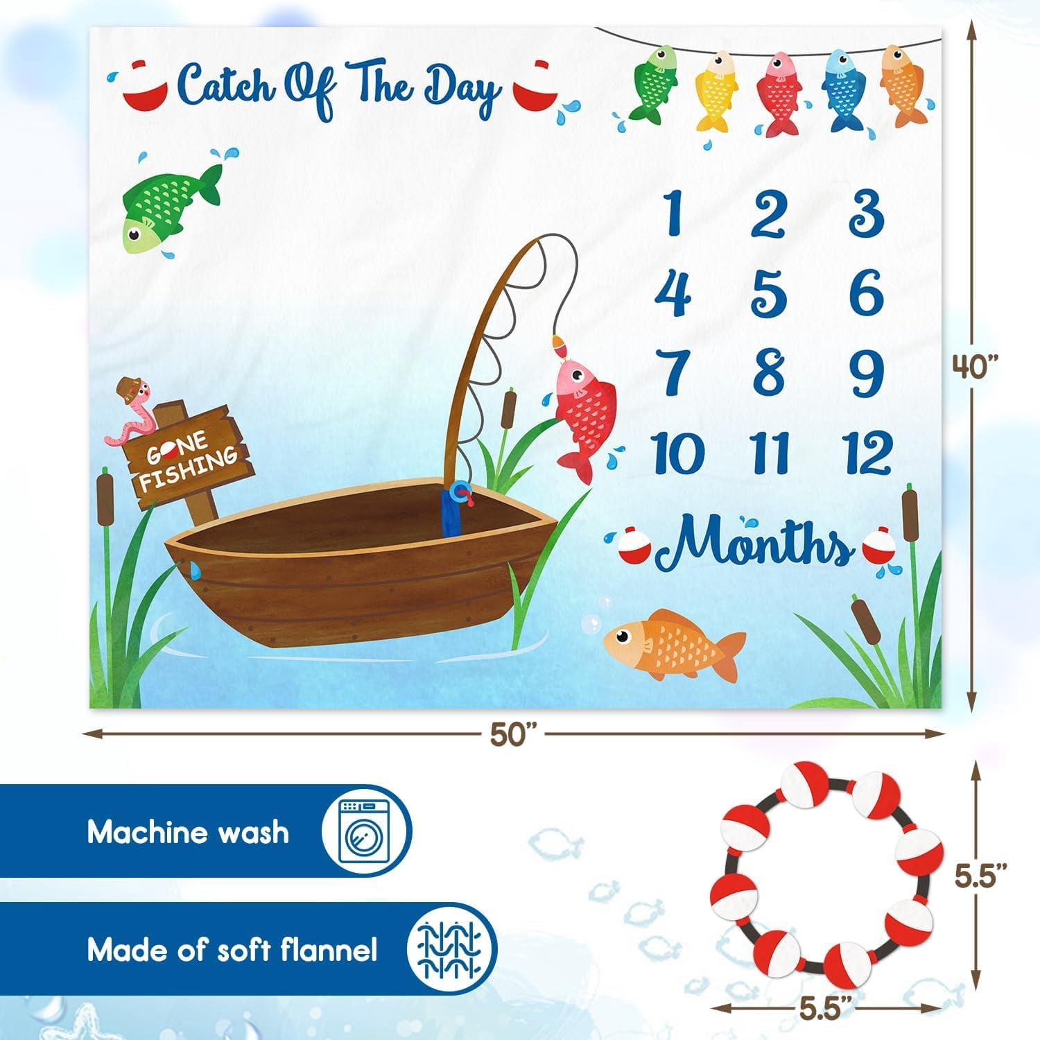 Gone Fishing Baby Monthly Milestone Blanket Little Fisherman Bobber Photo Prop Ideas for Newborn Boy & Girl Nursery Décor (40" X 50")