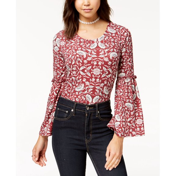 Love Fire Juniors Printed Bell Sleeve Rib Knit Top Burgundy Floral M
