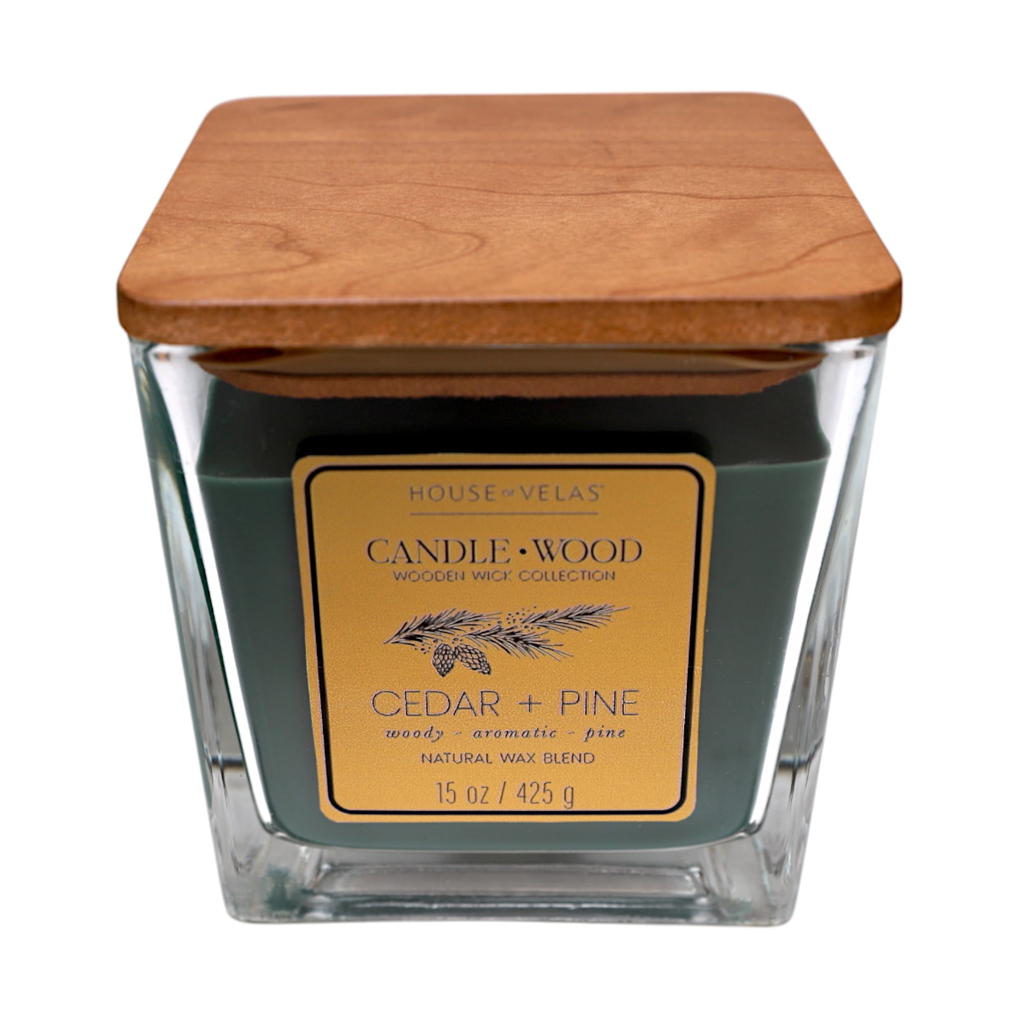 House of Velas Candle Wood Holiday Collection, 15 oz, 1 Wooden Wick, Cedar + Pine, Square Glass Jar Candle
