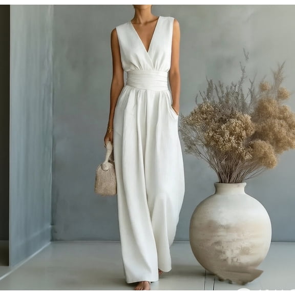 Women Linen Jumpsuits Sleeveless V Neck Elegant Dressy Casual One Piece Pants Romper Summer Outfits White 3XL