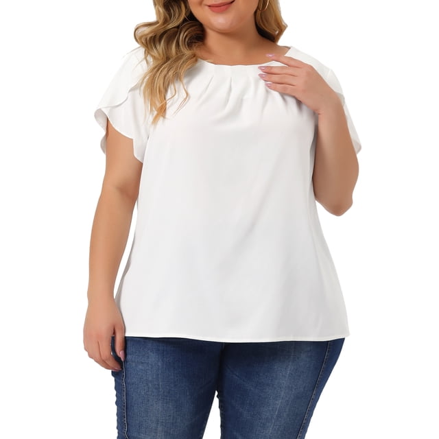 Blusas de verano de manga corta con pliegues y cuello redondo para mujer de tallas grandes Agnes Orinda 1X blancas