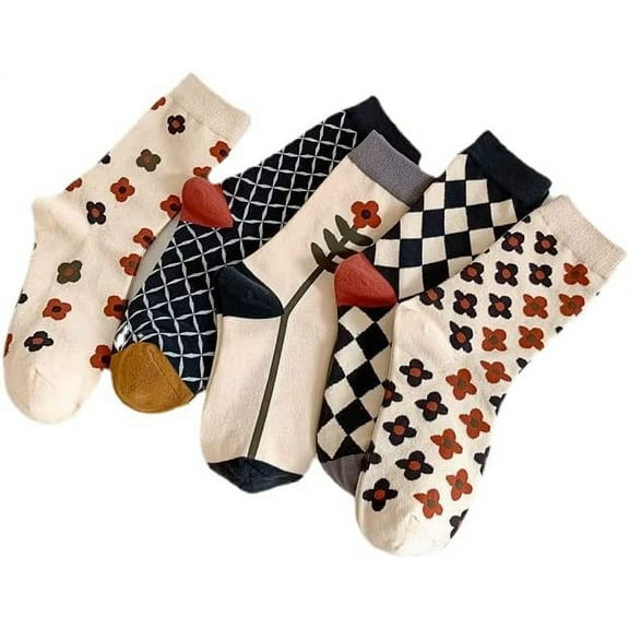 Zhengup 5 Pairs Floral Socks Y2K Vintage Fairycore Patterned Crew Cotton Socks Cottagecore Knit Dress Socks