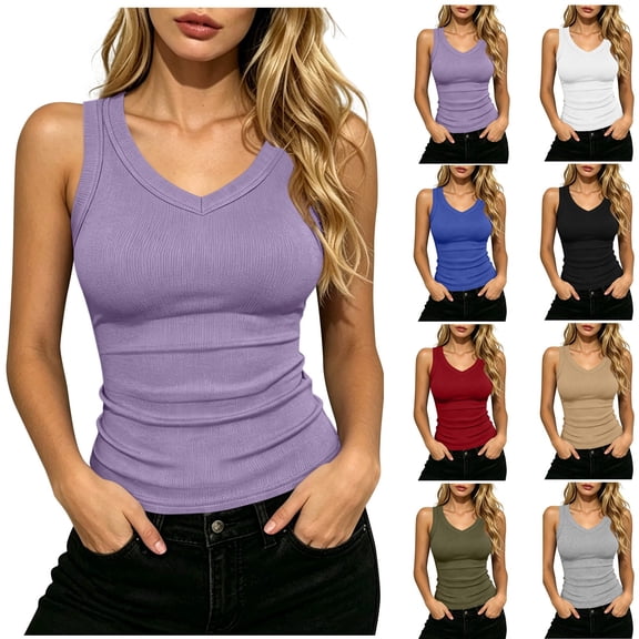 BiZtdJrK Fashion Tank Tops for Women Ribbed Knit V Neck Sleeveless Yoga Workout Shirts Slim Fit Y2k Streetwear Tee Shirt Solid Color Summer Tanks Blue M