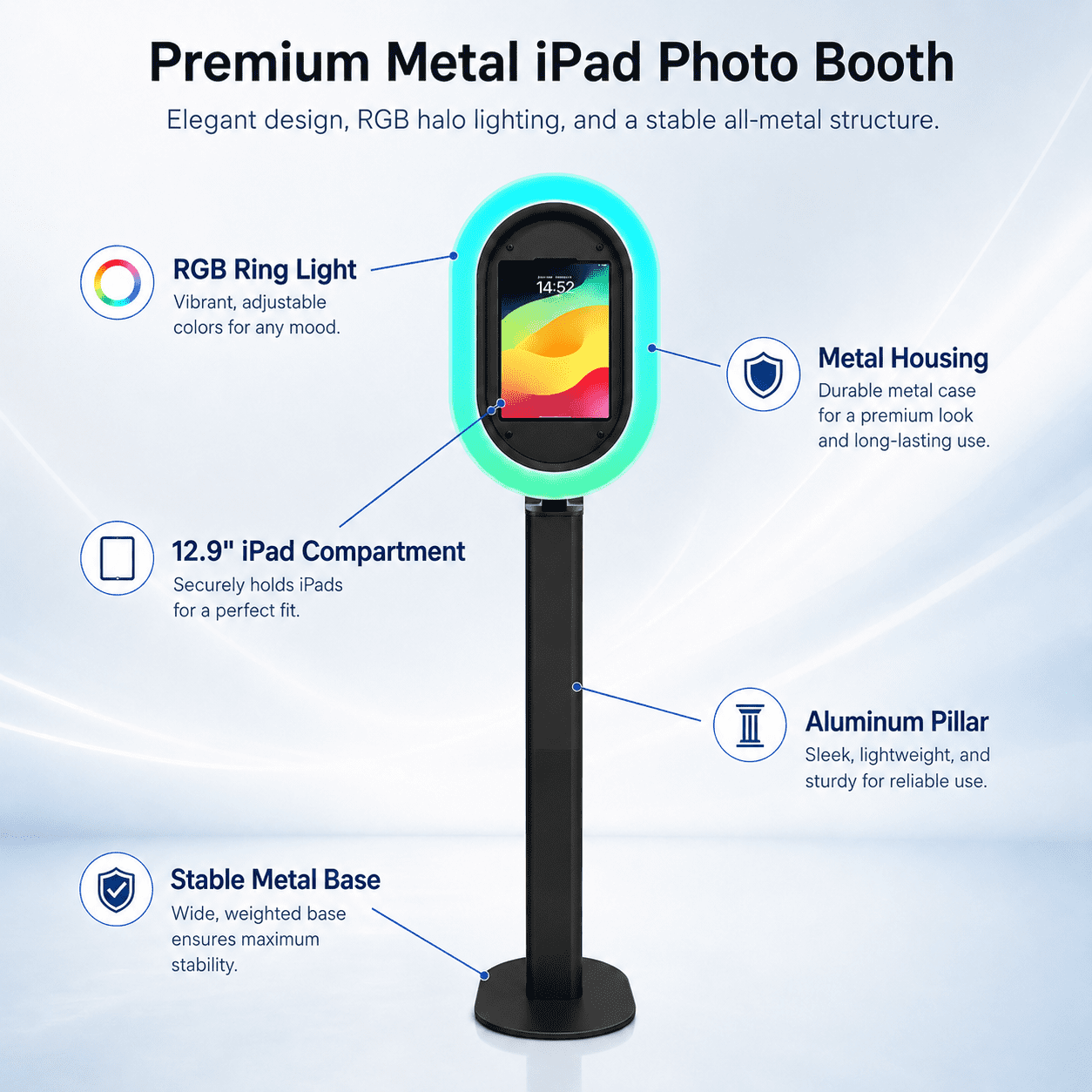 Portable iPad photo booth with flight case, metal selfie stand, and RGB ring light, perfect for parties, weddings, and rental businesses - compatible with 10.2-inch to 13-inch iPads.