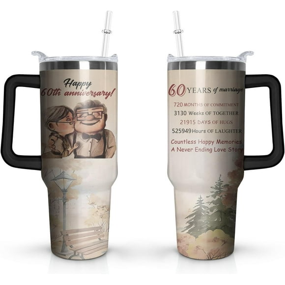 60th Wedding Gifts Anniversary Cups, Diamond Wedding 60th Anniversary Cups, 60th Anniversary Cup For Couple Parents Friends, 40 Oz Stainless Steel Tumbler with Handle and Straw (1 PC)