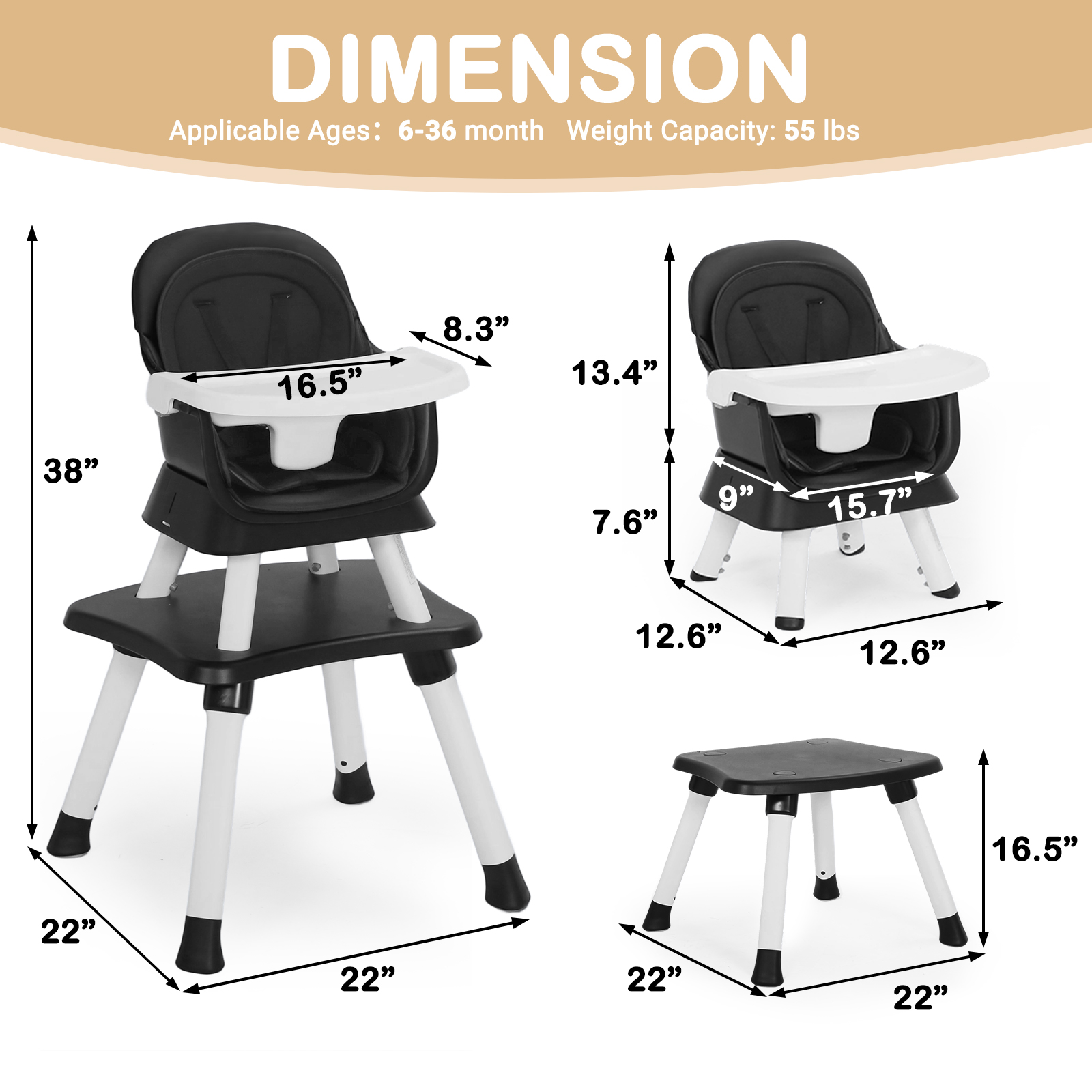 AILEEKISS 8-in-1 Baby High Chair, Toddler Booster Seat with Dishwasher-Safe Tray, Black