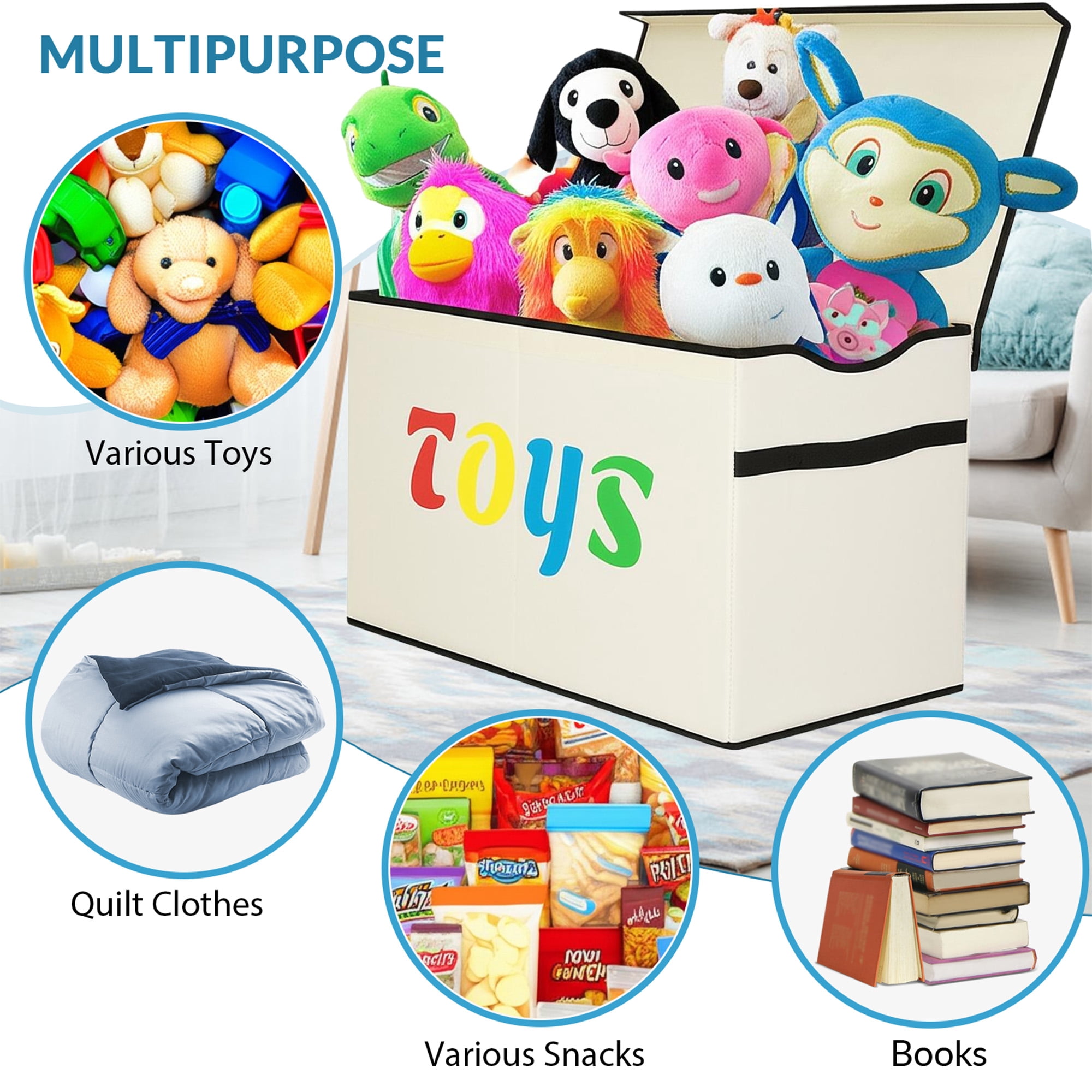 VICTORICH Kids Toy Storage Bins with Lids, 32 gal Foldable Toy Chest Organizer for Nursery and Playroom, Beige