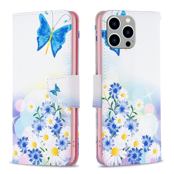 Feishell for iPhone 15 Pro (6.1 inch) Case,Fashion Painted Pattern PU Leather Shockproof Magnetic Clasp Flip Cover with Card Slots Kickstand Wallet Phone Case,H-Butterfly & Flower