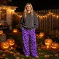 thumbnail image 2 of Womens Halloween Pajama Pants Soft Flannel Funny Bat Print Pj Bottoms | Halloween Costumes Women, Drawstring Waist, Straight Wide Leg, Cute Ghost Print, Loose Fit, Lounge, for Sleep Purple,S, 2 of 6