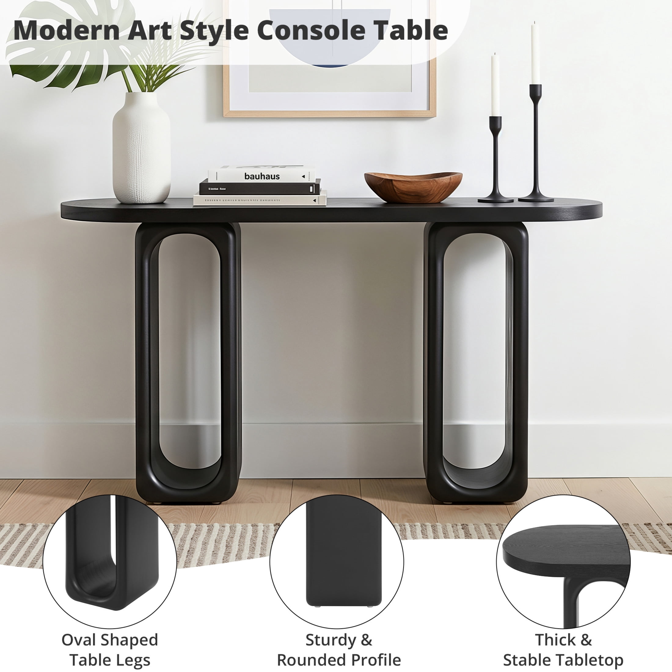 Christopher Knight Home 50" Modern Console Table with Oval Cutout Legs, Thick Rounded Tabletop, Black