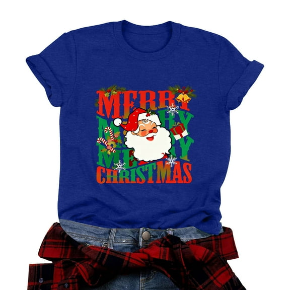 larppty Merry Christmas Shirts for Women Xmas Santa Shirt Short Sleeve Casual Graphic Print T Shirt (Blue, XXL)