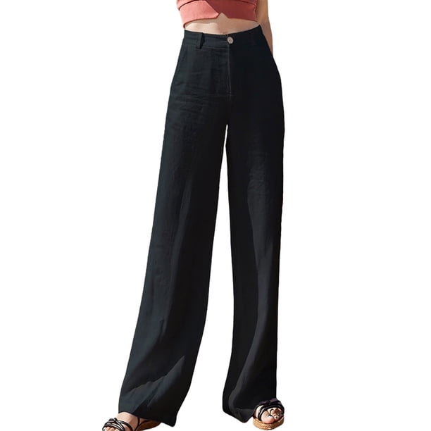 Pantalones de mujer de cintura alta y pierna ancha, de algodón y lino, con botones y corte recto