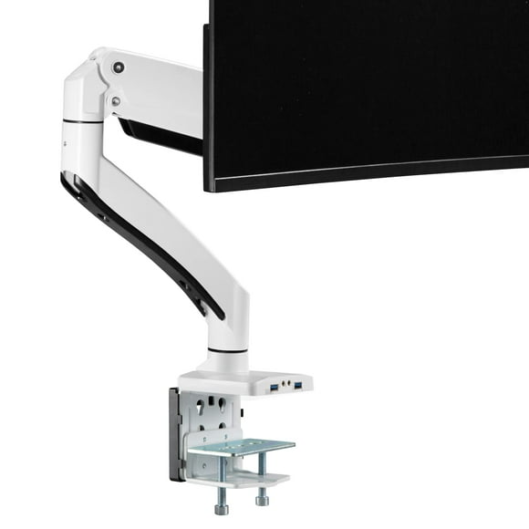 AVLT Single 17"-49" Super Ultrawide Monitor Arm for Screens Up to 50 lbs, Premium Aluminum Desk Stand, Adjustable Pneumatic Height, Full Motion Swivel Tilt Rotation, USB 3.0 & AUX Ports, White