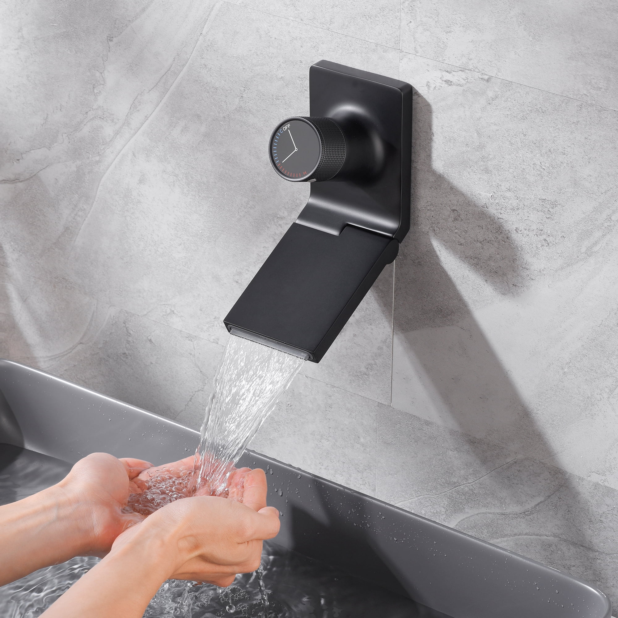 SUMERAIN Wall Mount Waterfall Bathroom Sink Faucet, Single Handle One Hole Vanity Faucet with Foldable Spout, Matte Black