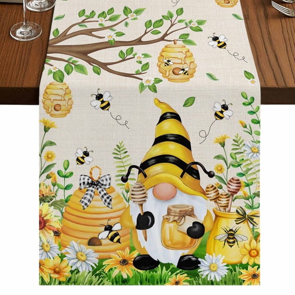 Table Runners 72 Inches Long Dress Scarves, Yellow Daisy Gnomes Farmhouse Kitchen Table Runner, Coffee Tablerunners, Pastoral Bees Floral Botanical Beige 14x72 Inch