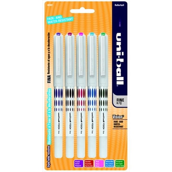 Uni-ball  Vision Acid-Free Waterproof Roller Ball Pen- 0.7 Mm. Fine Tip- Assorted Color- Pack Of 5