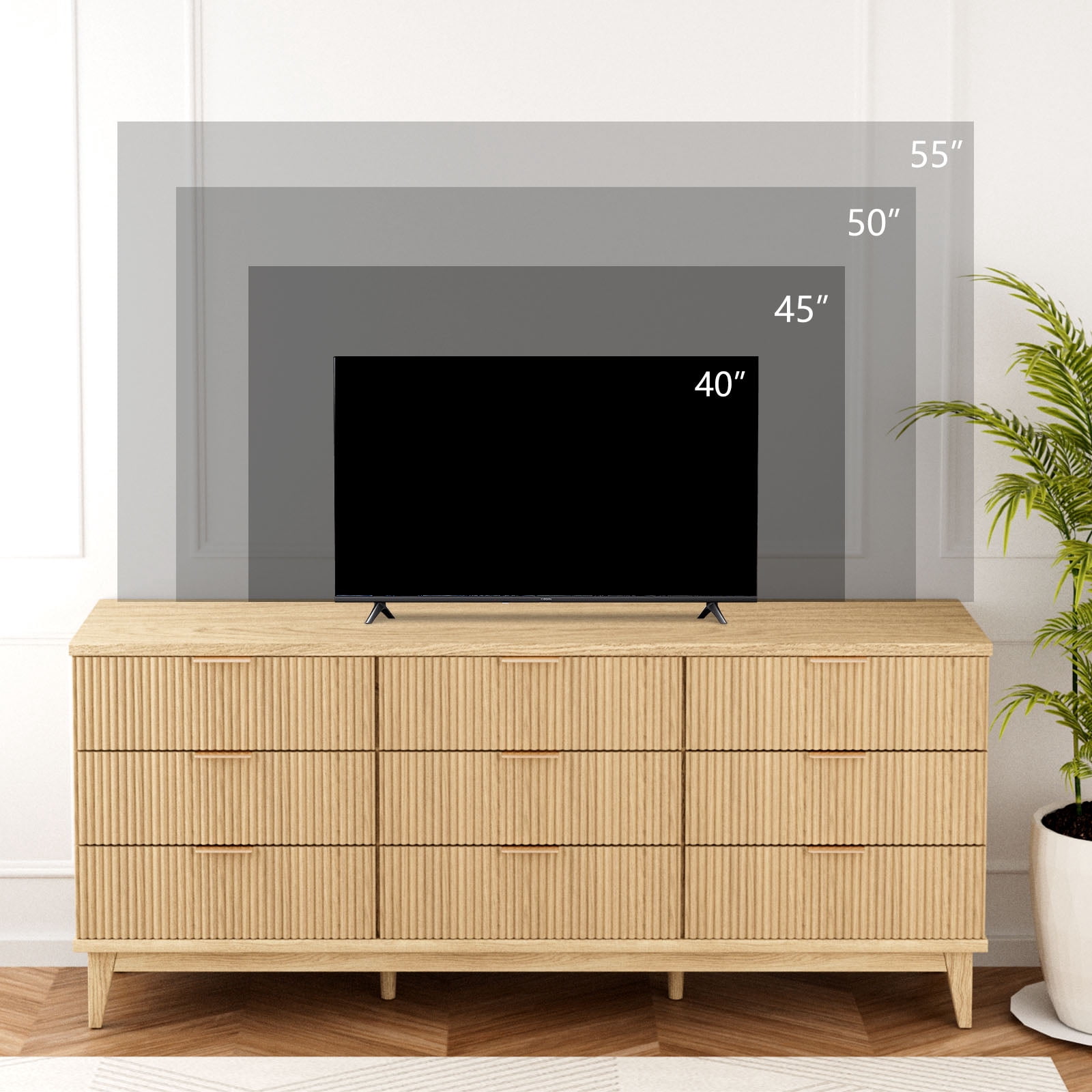 SHGJ&SOFT Fluted Dresser for Bedroom with 9 Drawers, 56.7" Wide Chest of Drawers, Gold Handle, Dresser TV Stand, Modern Wooden Dresser, Storage Organizer for Bedroom, Living Room, Entryway
