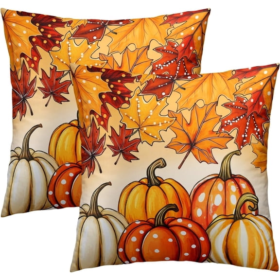 Autumn Pumpkin Throw Pillow Covers 16x16 Set of 2 Maple Leaves Couch Pillow Cases Thanksgiving Cushion Covers for Home Outdoor Sofa Decor