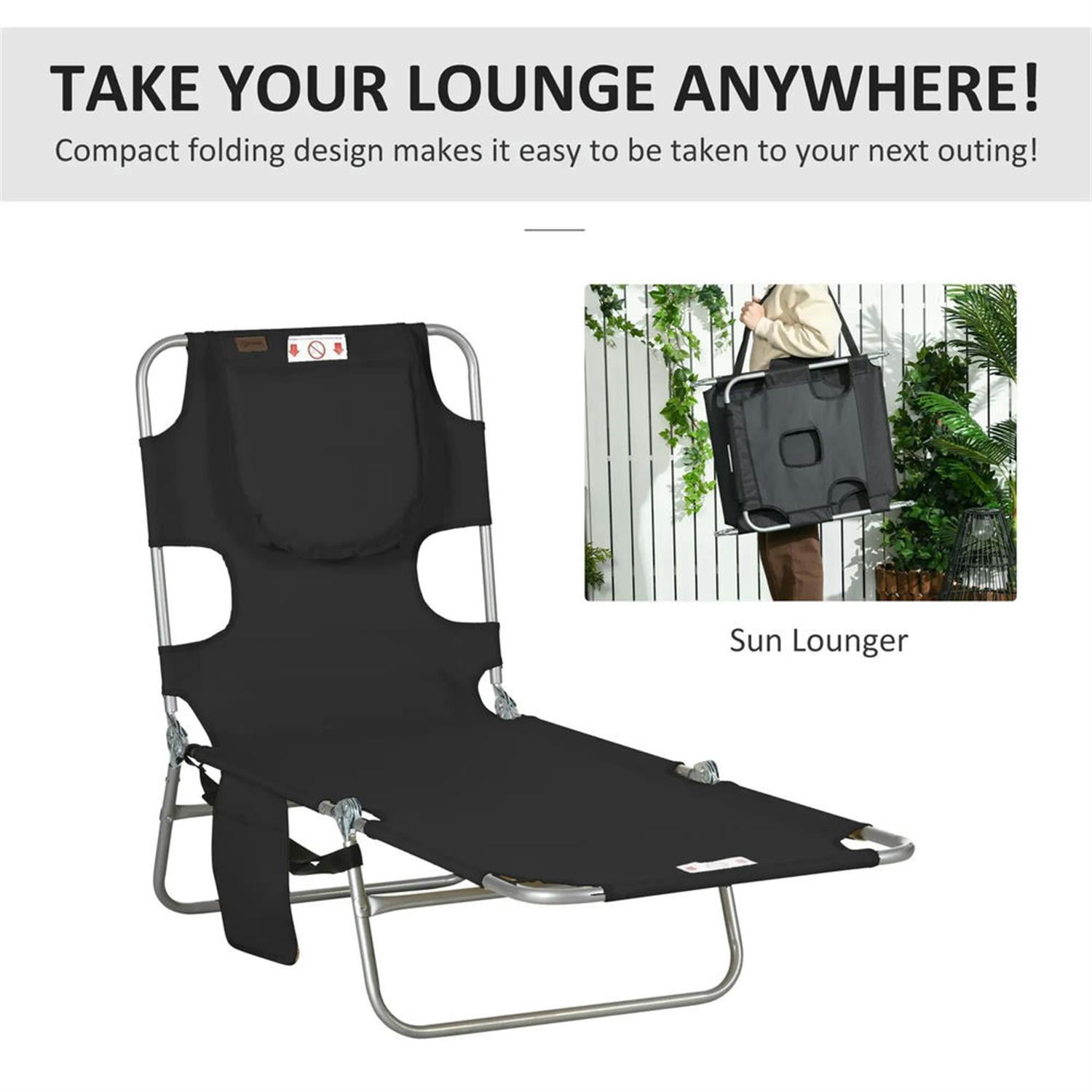 Demi Bonn Outdoor Folding Beach Lounger with Pillow, 5-Position Sun Tanning Chair, Face Hole for Beach, Yard, Patio, Black