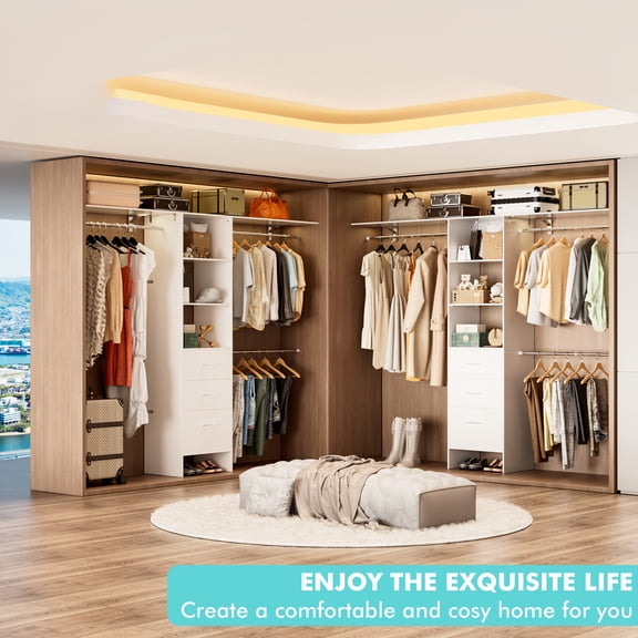 8ft Walk-In Closet Organizer w/ 3 Shelving Towers, 96" Storage System, Hanging Rods & Drawers for Bedroom