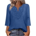 thumbnail image 3 of yoeyez Lace Tops for Women 3/4 Sleeve Notched V Neck T-shirts Dressy Casual Loose Collar Tunic Basic Ladies Work Blouses Blue,L, 3 of 7