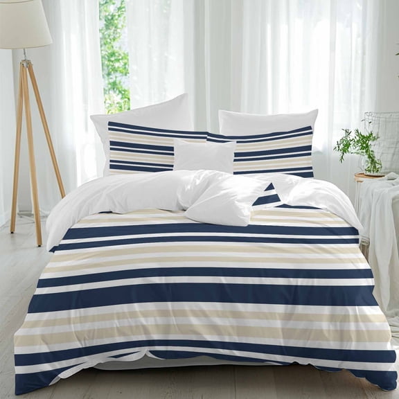 3 Piece Navy Blue Khaki Striped Duvet Cover Set Twin Size, Microfiber Comforter/Quilt Cover with Corner Ties and 2 Pillowcases, Gradient Horizontal Lines All Season Soft Bedding with Zipper Closure