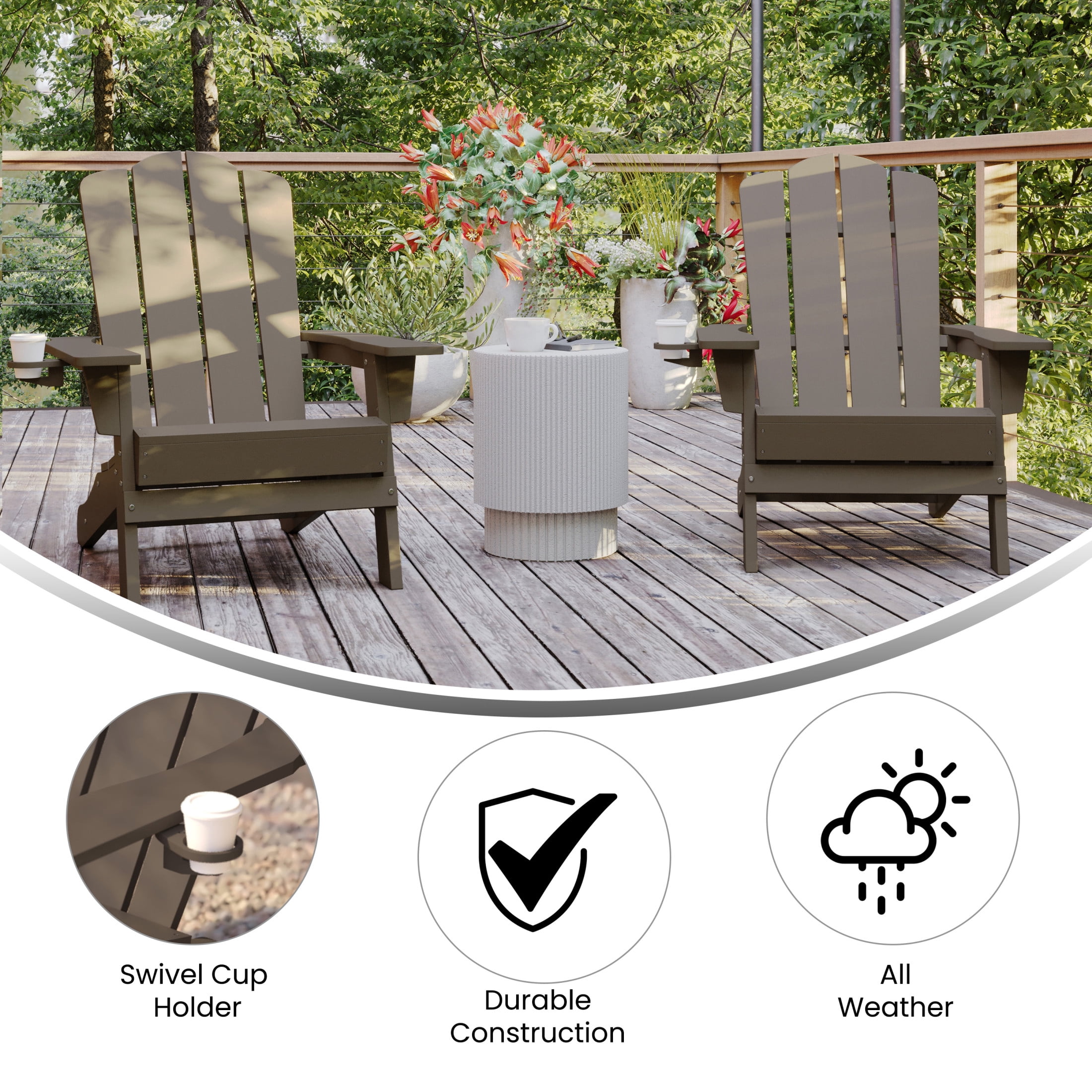 Emma + Oliver Set of 2 Adirondack Chairs with Cup Holders, Weather Resistant HDPE Adirondack Chairs in Brown