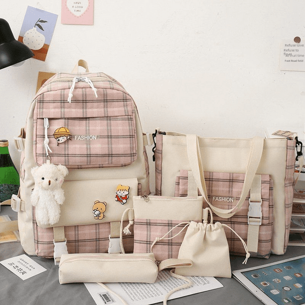 Mochila linda mochila a cuadros para estudiantes de primaria mochila de moda femenina mochila de cinco piezas
