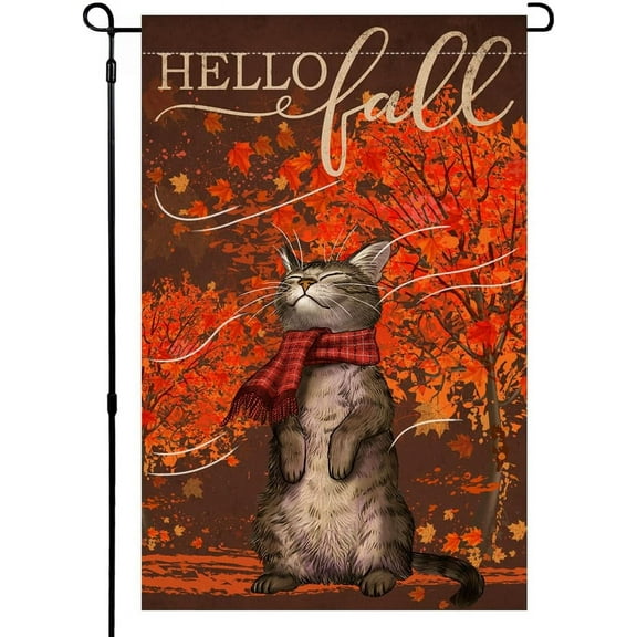 Hello Fall Cat Garden Flag 12x18 Vertical Double Sided Autumn Maple Leaves Thanksgiving Holiday Outside Decorations Burlap Yard Flag