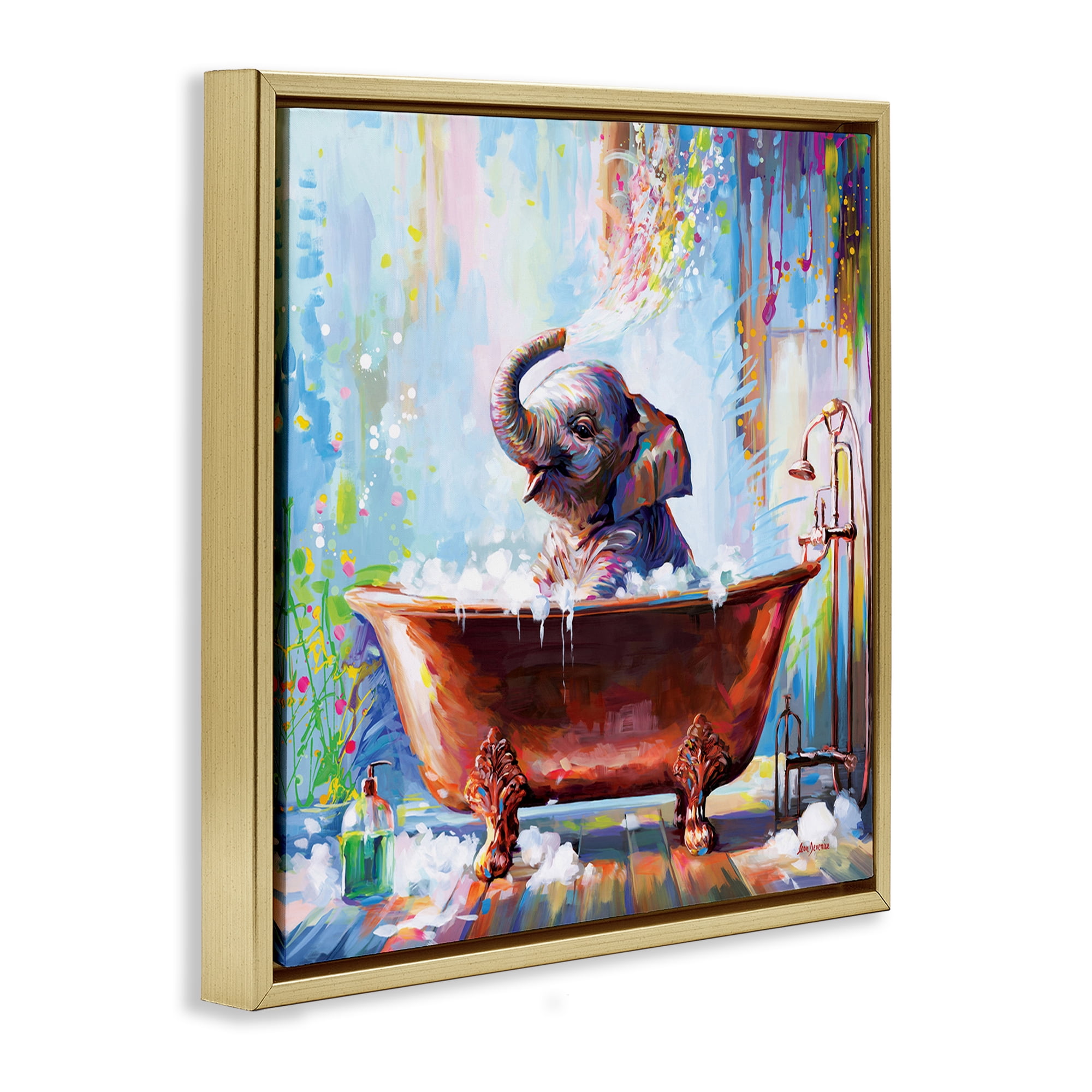 Stupell Industries Splashing Baby Elephant Bath & Laundry Painting Gold Floater Framed Canvas Art Print Wall Art, 18 x 18