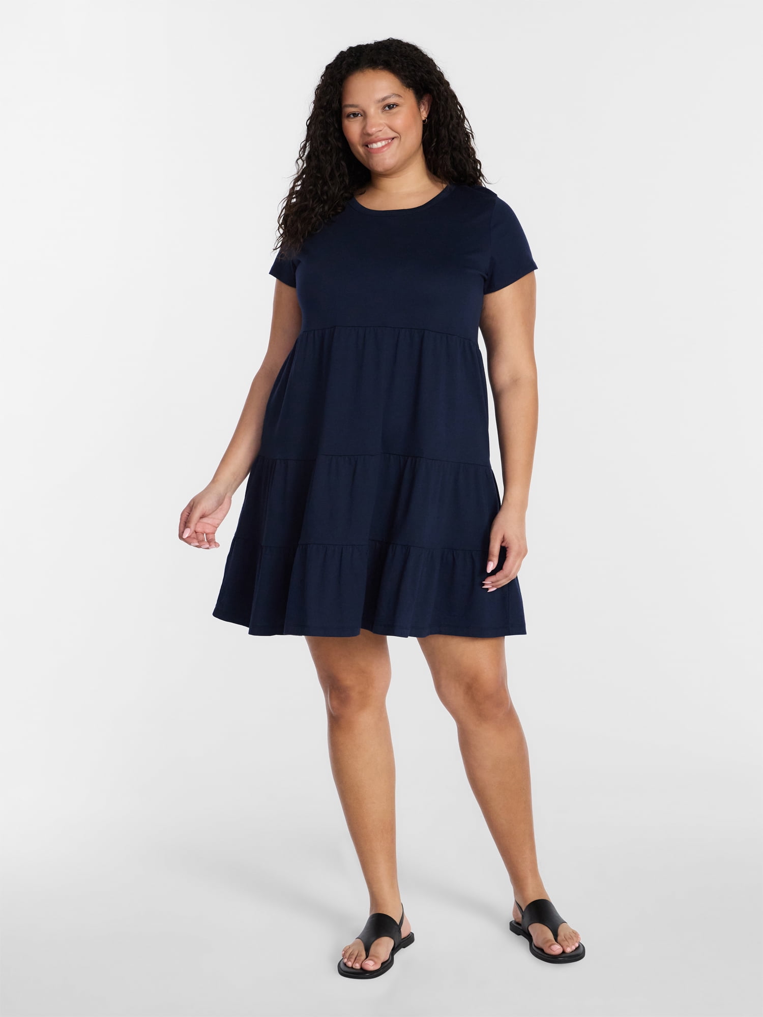 Time and Tru Women's Tiered Cotton Mini Dress with Short Sleeves, Sizes XS-XXXL
