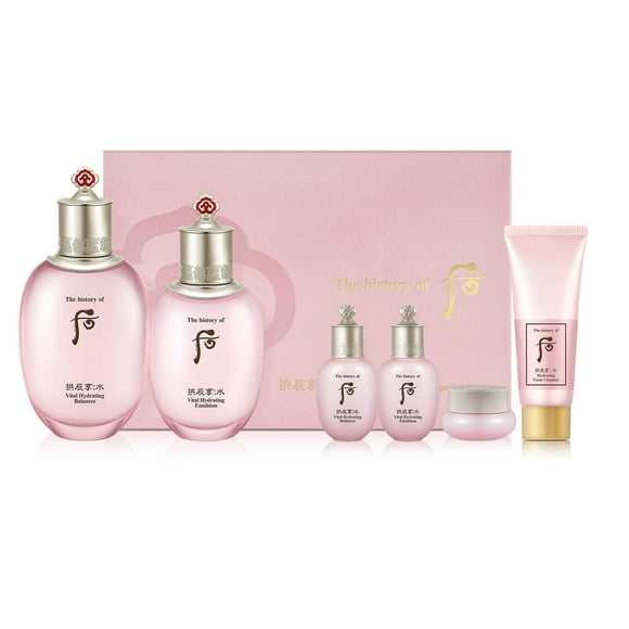 The History of Whoo Gongjinhyang Soo Vital Hydrating Special Set | Contains Gongjinhyang Soo Hydrating Balance (150ml + 20ml), Emulsion (110ml + 20ml), Cream (20ml) & Foam Cleanser (40