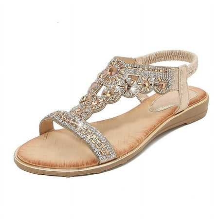 

XWQWJH Women Rhinestone Sandals T-Strap Buckle Bohemian Pearl Crystal Flat Sandals