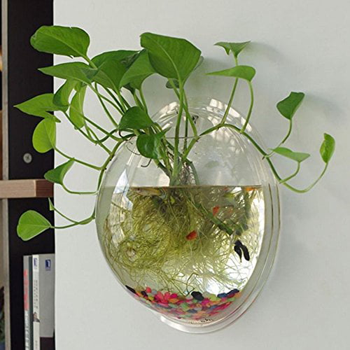 Transparent Glass Fish Bowl with Artificial Aquatic Plants Random Colors of Stones, Water Plants Creative Mini Aquarium for Office Home Decor GWOKWAI Desk Hanging Fish Tank Bowl with Stand 