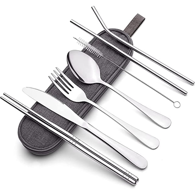 Juego de Cubiertos U Chef utensilios para mesa portátil con estuche impermeable color plateado de acero inoxidable