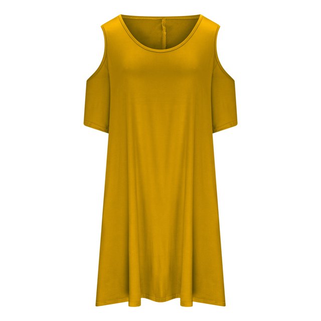 Yuyuzo Robes pour Femmes Grande Taille à Épaules Dénudées à Manches Courtes Col Ras du Cou Robe Mini Robe T-Shirt Décontractée avec Poches