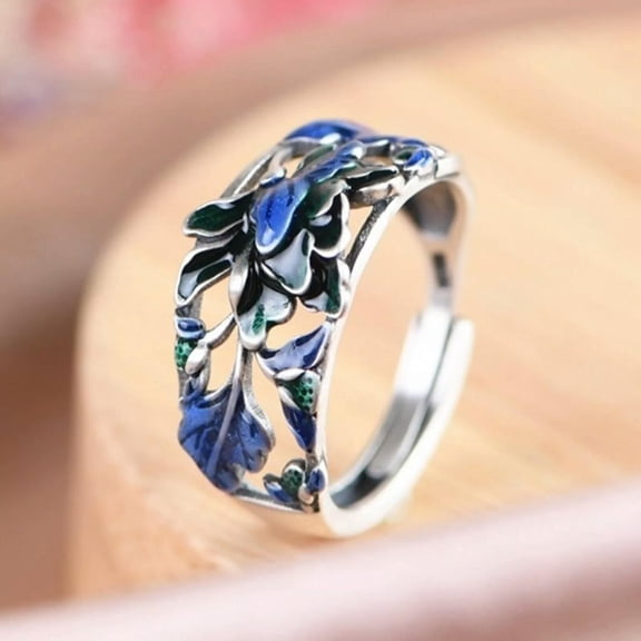 HOOUN Solid 925 Sterling Silver Women Gift Lucky Hollow Enamel Peony Flower Leaf Ring