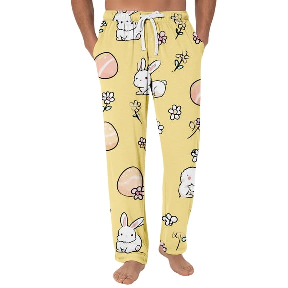 Domuza Men's Easter Rabbit Pajamas Pants Casual Drawstring Elastic Waist Home Trousers Comfy Loose Fit Lounge Sleep Pants with Pockets Yellow L