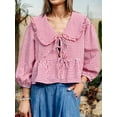 thumbnail image 2 of Women's Blouse Summer Sweet Shirt Plaid Print Lantern Peasant Tops Long Sleeve Doll Collar Tshirts Tie-Up Front Loose Peplum Tops for Casual, 2 of 7