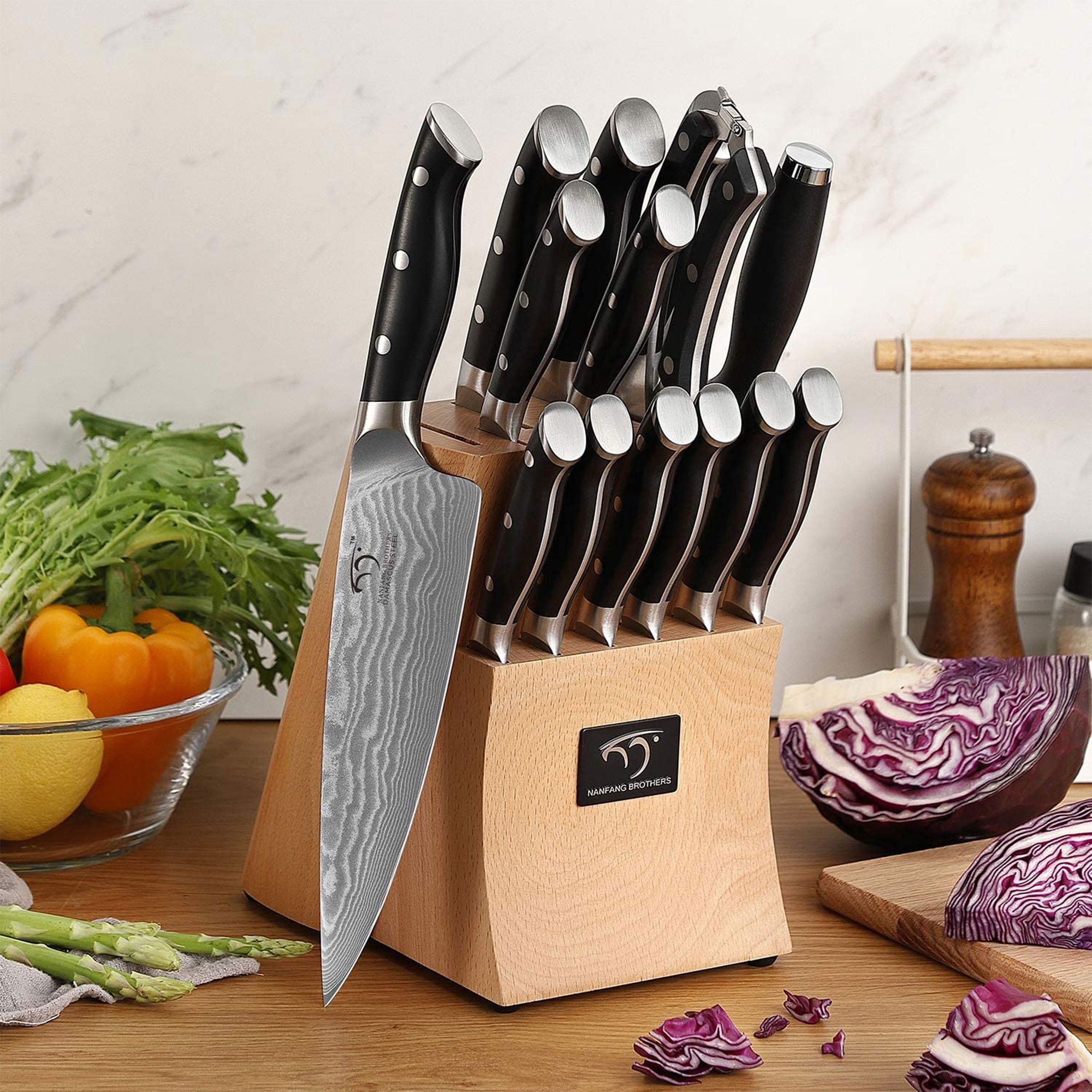  NANFANG BROTHERS 15-Piece Damascus Knife Set With Ergonomic  Handle and Disconnect-Type Block: Home & Kitchen