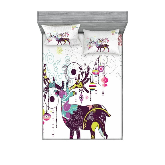 Ambesonne Christmas Fitted Sheet & Pillow Sham Set, Reindeer Ornaments, Queen, Multicolor
