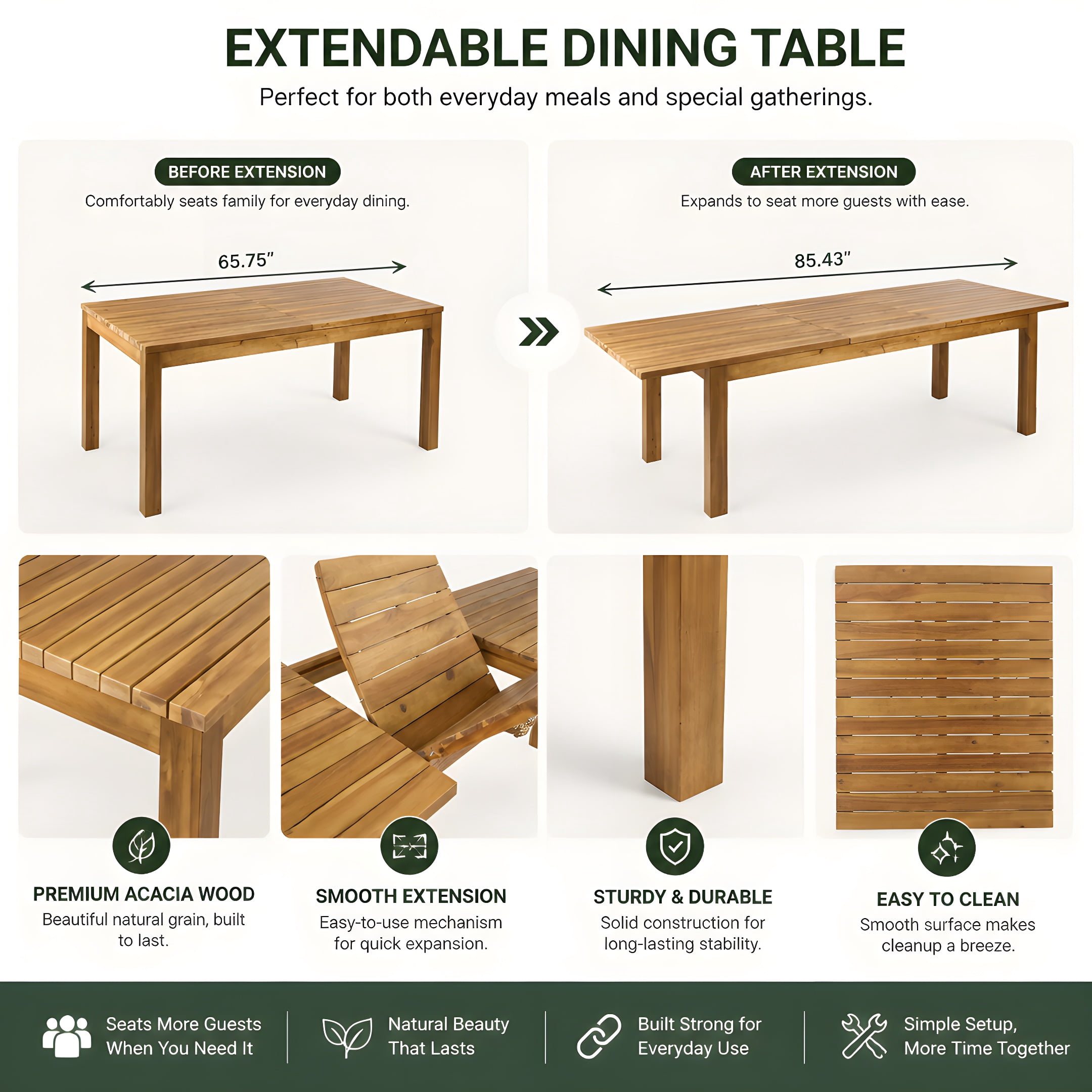 Extendable Acacia Wood Outdoor Dining Table, Teak Finish Rectangular Patio Expandable Table, Weather Resistant Slatted Top for Backyard Garden Porch, Adjustable Length 65.75"-85.43"
