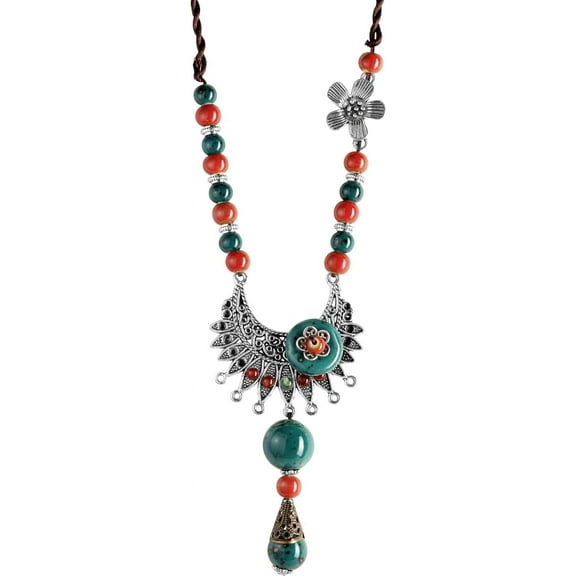 Vintage Bohemian Colorful Ceramic Bead Antique Flower Y Necklace, Vintage Boho Hippie Statement Jewelry Gift for Women